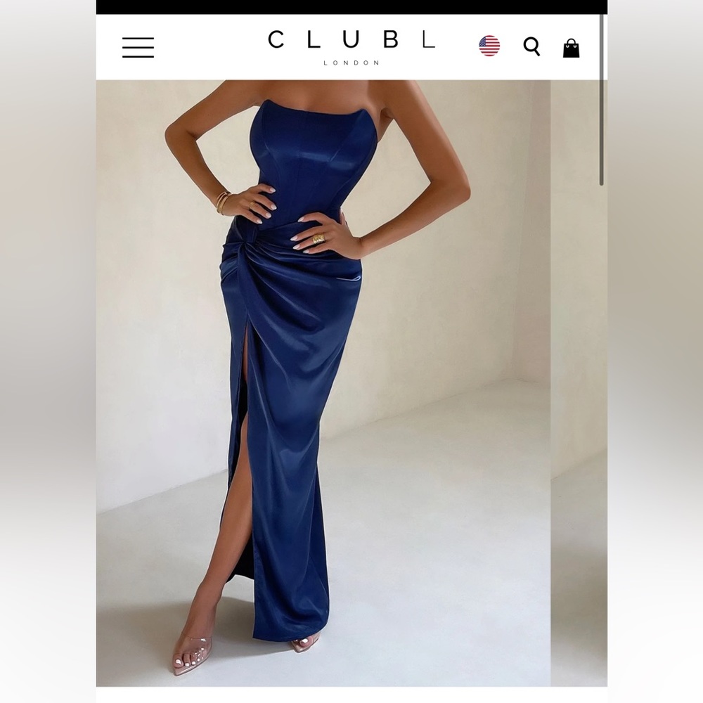 Club LLondon ROMANCING 
NAVY THIGH SPLIT CORSET STRAPLESS MAXI DRESS